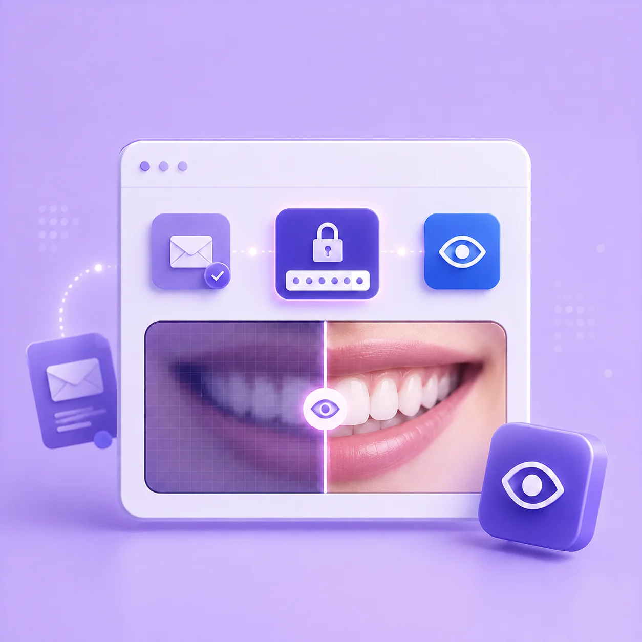 Illustration of a secure email code unlocking an in-widget before-and-after smile reveal