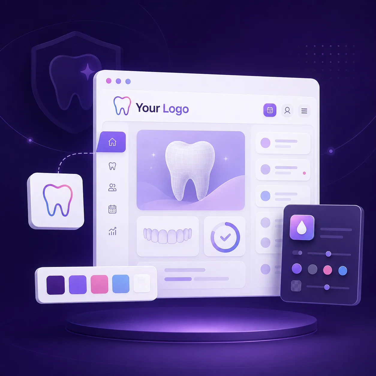 White-label dental dashboard displaying a practice logo and custom color controls