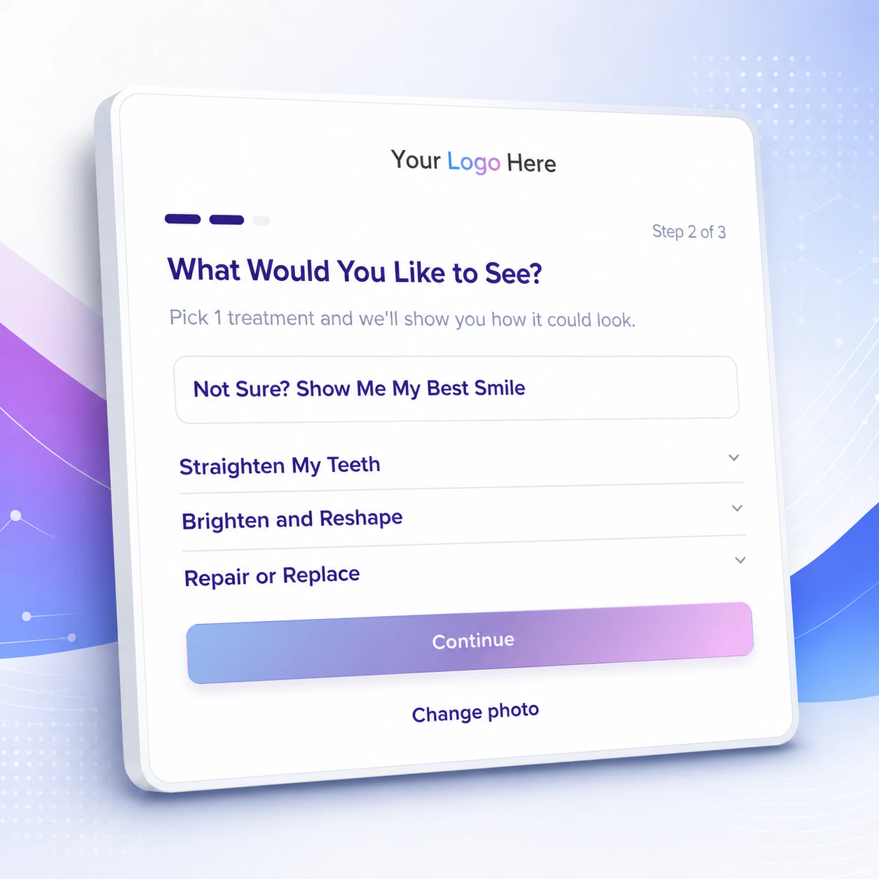 Smile Simulator treatment selection screen